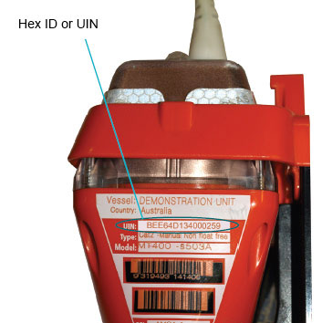 Diagram of a beacon, showing the location of the HexID or UIN, above the type and model details.